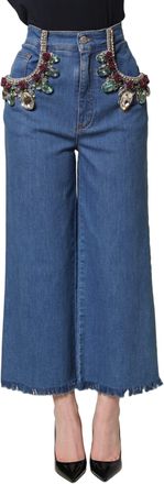 Dolce & Gabbana Womens Blue Embellished Wide Cropped Denim Jeans Cotton Elastane Clothing