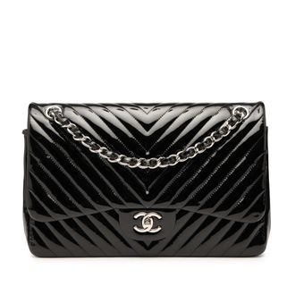 Chanel Pre-owned Womens Jumbo Classic Chevron Patent Double Flap - Black Leather - One Size