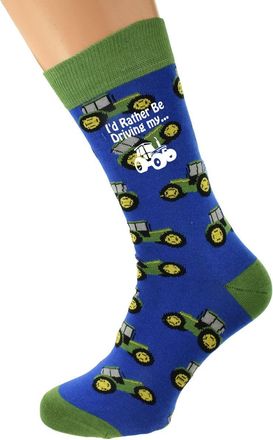 Generic Id Rather Be Driving My... Tractor Image printed in White Vinyl on woven Mens Two Tone Blue with Green Trim Cotton Socks X6HL031. Single Pair, UK size