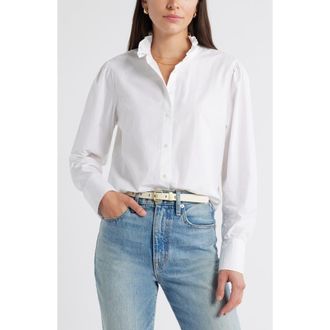 Caslon Ruffle Puff Sleeve Cotton Button-Up Shirt in White at Nordstrom Rack, Size Large