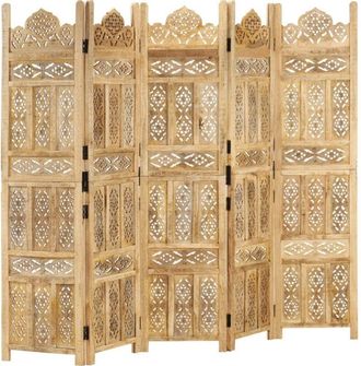 vidaXL Biombo 5 Paneles Tallado A Mano Madera Maciza Mango 200x165 Cm Vidaxl
