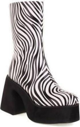 Generic Womens Square Toe Short Boots PU Leather Mid-Calf Boots with Side Zipper Block Heel Platform Combat Boot,Zebra Stripes,6.5 UK