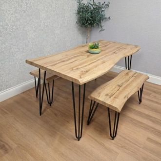 Kosy Koala Wooden Dining Table & 2 Benches Set With Metal Hairpin Legs for Dining Room, Work, or Study in Brown