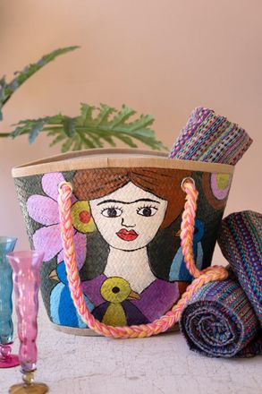 Kalalou Hand-Painted Seagrass Bag - Girl With Blue Birds
