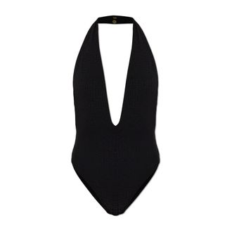 Balmain One-piece, female, Black, Size: 2XS Monogram-jacquard Halterneck Swimsuit