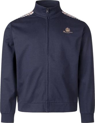 Aquascutum Navy Club Check Detail Track Top - Heren - Vesten met rits - Blauw - S - Katoen - Hoodies & sweatvesten