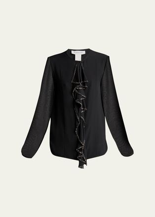 Lanvin Embroidered Ruffle Silk Georgette Long-Sleeve Blouse