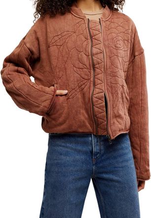 Free People Rose Embroidered Zip Sweatshirt Jacket In Cinnamon Stick