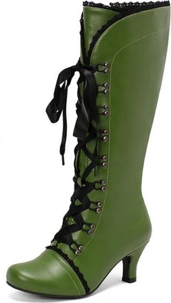 Generic Womens High Heeled Knee High Boots Lace Up Long Boots with Side Zipper Round Toe PU Leather Cosplay Shoes,Green,4.5 UK