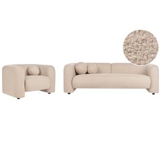 Beliani Conjunto De Sala De Estar 4 Plazas Sof&aacute; Y Sill&oacute;n Moderno Con Cojines Extra De Boucl&eacute; Beige Leiren