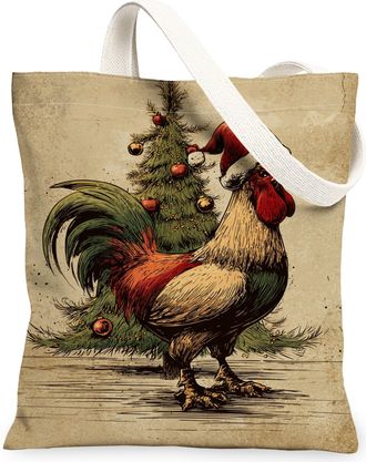 Generic Christmas Rooster Canvas Tote Bags, Festive Chicken Design Reusable Grocery Bags, Holiday Lightweight Washable Shoulder Str, Multicolor, 13x15 Inch