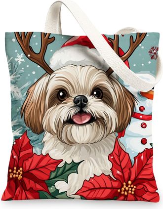 Generic Winter Christmas Shih Tzu Dog Canvas Tote Bag for Shopping 13x15, Snowman Xmas Puppy Pet Reusable Grocery Print Bag for Women Men, Holiday Aesthetic P