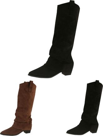 Generic Womens Fold Over Mid Calf Boots Slouchy Pointed Toe Chunky Low Heel Shoes Comfort Faux Suede Rouched Boots Ladies Winter Non-Slip Rubber Pull On Shoes