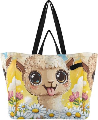 Generic Llama Field Yellow pattern Reusable Canvas Tote Bag, Heavy Duty Grocery Shopping Bag with Double Handles Hard Bottom Large Capacity Work Groceries Tra