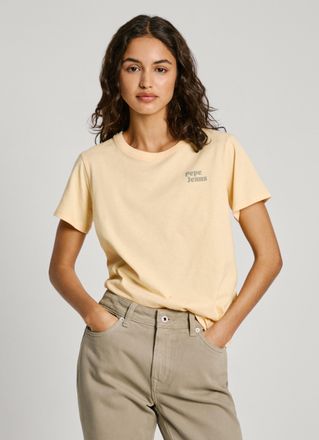 Pepe Jeans London T-Shirt PEPE JEANS EFFIE, Damen, Gr. L, gelb (cornish gelb), Jersey, Obermaterial: 100% Baumwolle, bedruckt, normal normal, Rundhals, Shirts T-Shirt, 