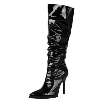 Generic Womens Sexy Knee High Boots Pointed Toe Super High Square Heel With Side Zipper And Pleated Shaft For Banquets
