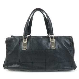 Chanel Square Stitch Cc Boston Quilted Leather Black Calfskin Handbag (Pre-Owned)