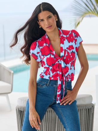 Heine Schluppenbluse HEINE, Damen, Gr. 34, erdbeere, eisblau, bedruckt, 100% Viskose, bedruckt, gebl&uuml;mt, gemustert, mehrfarbig, V-Ausschnitt, Blusen Schlupp