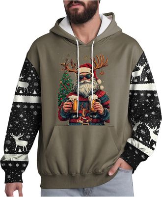 Generic Mens Christmas Hoodie Sweater Mens Jumper with Christmas Beer Reindeer Pattern Hooded Sweaters Winter Xmas Gifts Hoodie with Hood Santa Costume Vintag