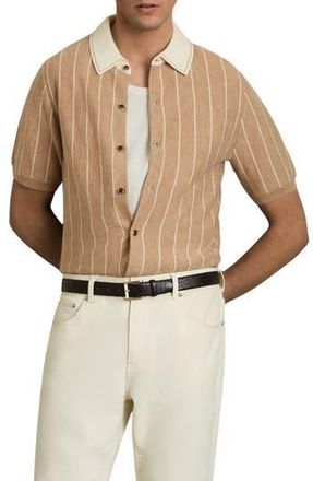 Reiss Worthy Stripe Short Sleeve Wool Button-Up Shirt in Camel at Nordstrom Rack, Size Large