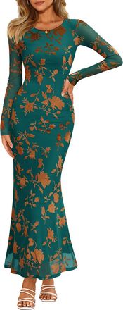 Merokeety Womens Fall Long Sleeve Maxi Dresses Bodycon Floral Mesh Sexy Wedding Guest Cocktail Party Dress, Green, S