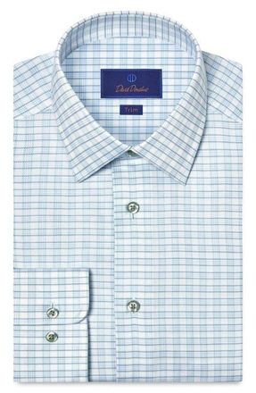 David Donahue Trim Fit Check Cotton Dobby Dress Shirt in White/Pistachio at Nordstrom, Size 14.5 - 32