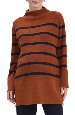 Nom Maternity Sarabeth Maternity & Nursing Mock Neck Sweater in Brown Navy Stripe at Nordstrom, Size Small