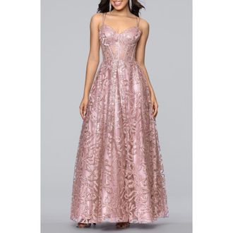 Blondie Nites Strappy Illusion Bodice Ballgown in Rose at Nordstrom, Size 1