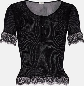 Saint Laurent Lace-trimmed silk jersey top