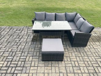 Fimous 7 Seater Garden Rattan Furniture Corner Sofa Dining Table Set with Big Footstool Indoor Outdoor Lounge Sofa Set in Dark Grey