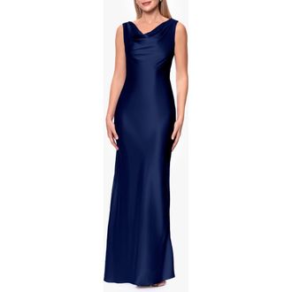Betsy & Adam Open Back Satin Charmeuse Gown in Navy at Nordstrom, Size 10