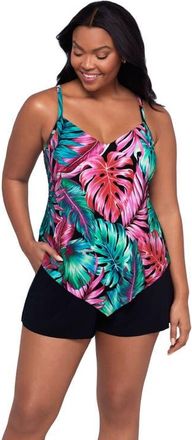 Trimshaper Hank Control Swim Romper with Pockets in Hot Tropics at Nordstrom, Size 12