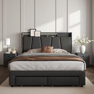 OEM Cama Lit De 140x200 Cm Con Somier Y Led - Estructura De Cama Doble 140x200 Cm - 2 Cajones - Tela De Lino - Adecuada Para Adultos Y Adolescentes