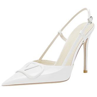 Generic Womens Slingback Stiletto Heels Pointed Toe High Heel Dress Shoes Patent Leather Buckle Strap Classic Formal Footwear for Wedding & Evening Party,Whit