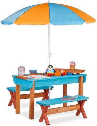 Relaxdays Tavolo Bambini con Ombrellone, in Legno, Set composto da Tavolo, 2x Panche & Ombrellone, da Giardino, colorato - Relaxdays