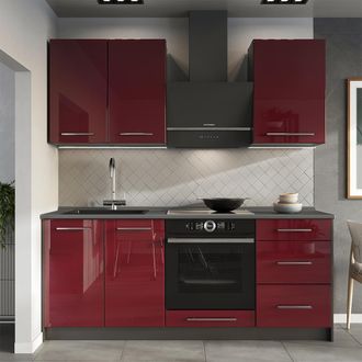 Vicco Cocina Para Solteros Fame-line, Rojo Burdeos Alto Brillo/antracita, 190 Cm, Et M&aacute;rmol, Vicco