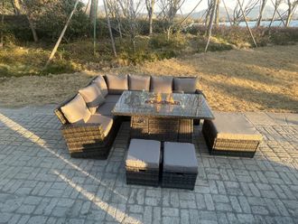 Fimous High Back Rattan Garden Furniture Sets Gas Fire Pit Dining Table Left Corner Sofa Small Footstools Chair 9 Seater in Dark Grey