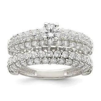 Diamond2Deal Sterling Silver Polished Pave Cubic Zirconia Wedding Ring Set