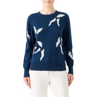 Akris Whitecaps Intarsia Knit Cashmere & Cotton Blend Sweater in Denim-Ecru at Nordstrom, Size 12