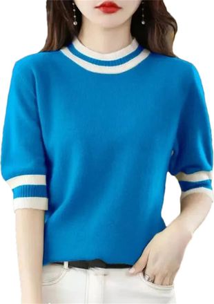Generic Spring & Summer Womens Sweater Shirts - Fashion Short Sleeve Slim Fit Casual Knit Pullover Blue