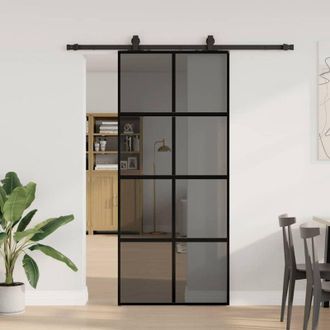 vidaXL Puerta Corredera Con Herrajes Negro 90x205 Cm Vidrio Templado Vidaxl