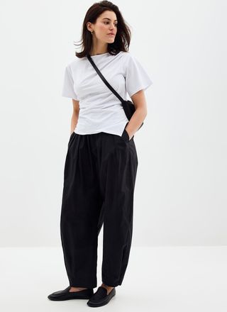 Contemporaine Womens Elastic waist poplin pant Fit: Barrel leg, high rise