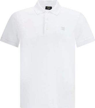 Fendi Polo Shirts, male, White, Size: M Cotton Polo Shirt with Logo Plaque