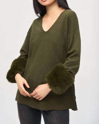 Joseph Ribkoff V-Neck Pullover Sweater With Fur Cuffs In Iguana