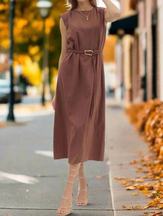 Entro Belted Midi Dress With Accent Fastener In Espresso