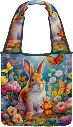 Generic Floral Rabbit Butterfly Reversible Canvas Shoulder Tote - Double-Sided Print, 12oz Cotton, 27cm Drop, Fold-Flat Bag for Travel, Shopping, Street Outin