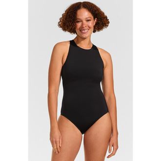 Lands End D-Cup Tugless High Neck Portrait Back One Piece Swimsuit in Black at Nordstrom, Size 10