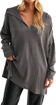 Mono B Waffle Knit Collared Long Sleeve Sweatshirt In Black