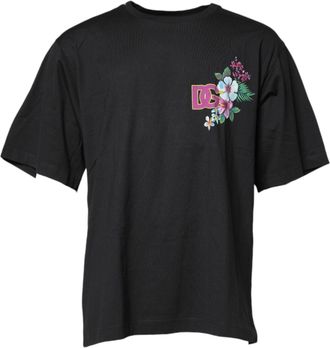 Dolce & Gabbana Mens Black Dg Floral Print Crew Neck T-Shirt Cotton