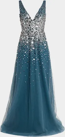 Pamella Roland Plunging Beaded Tulle A-Line Gown